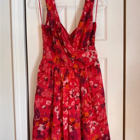 Express Floral Chiffon Fit Flare Pink Red Sleeveless Dress VNeck  Zipper Size 4 - Picture 2 of 11